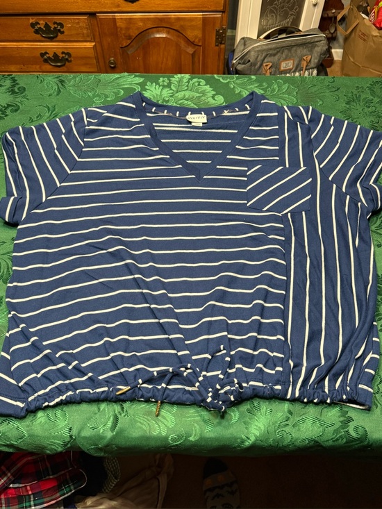 Ava & Viv Tops - Ava & Viv Navy and White Striped V-Neck Drawstring Tee NWOT